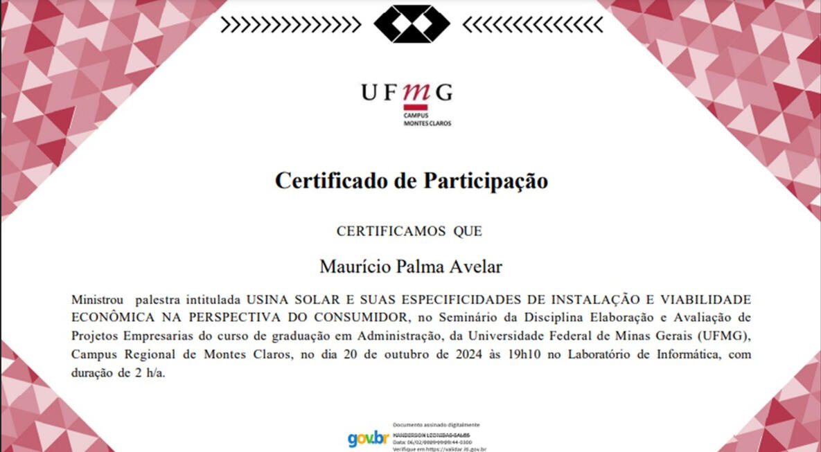 Reconhecimento pelos anos de serviços prestados à Cemig, com experiência em redes e sistemas elétricos.
